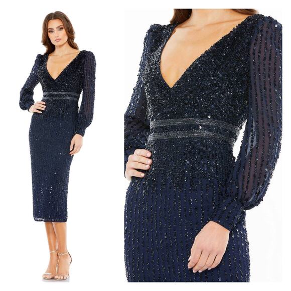 Mac Duggal Midnight Sequined V Neck Bishop Sleeve Dress Size 8 $498 93593 - Picture 1 of 15